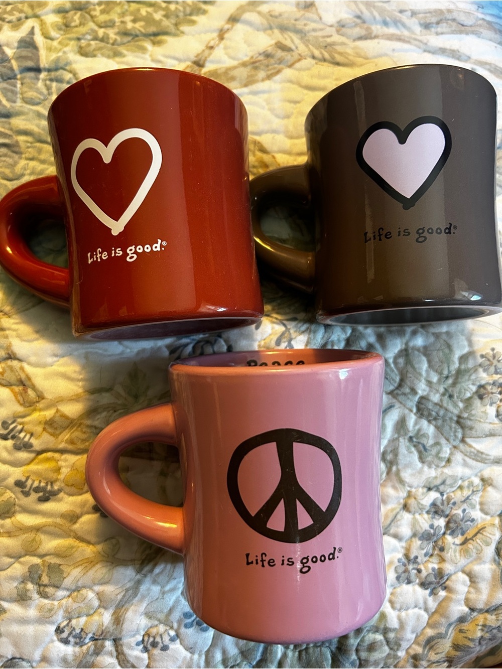 Life Is Good Red, Brown, and Pink Heart & Peace Mug Trio